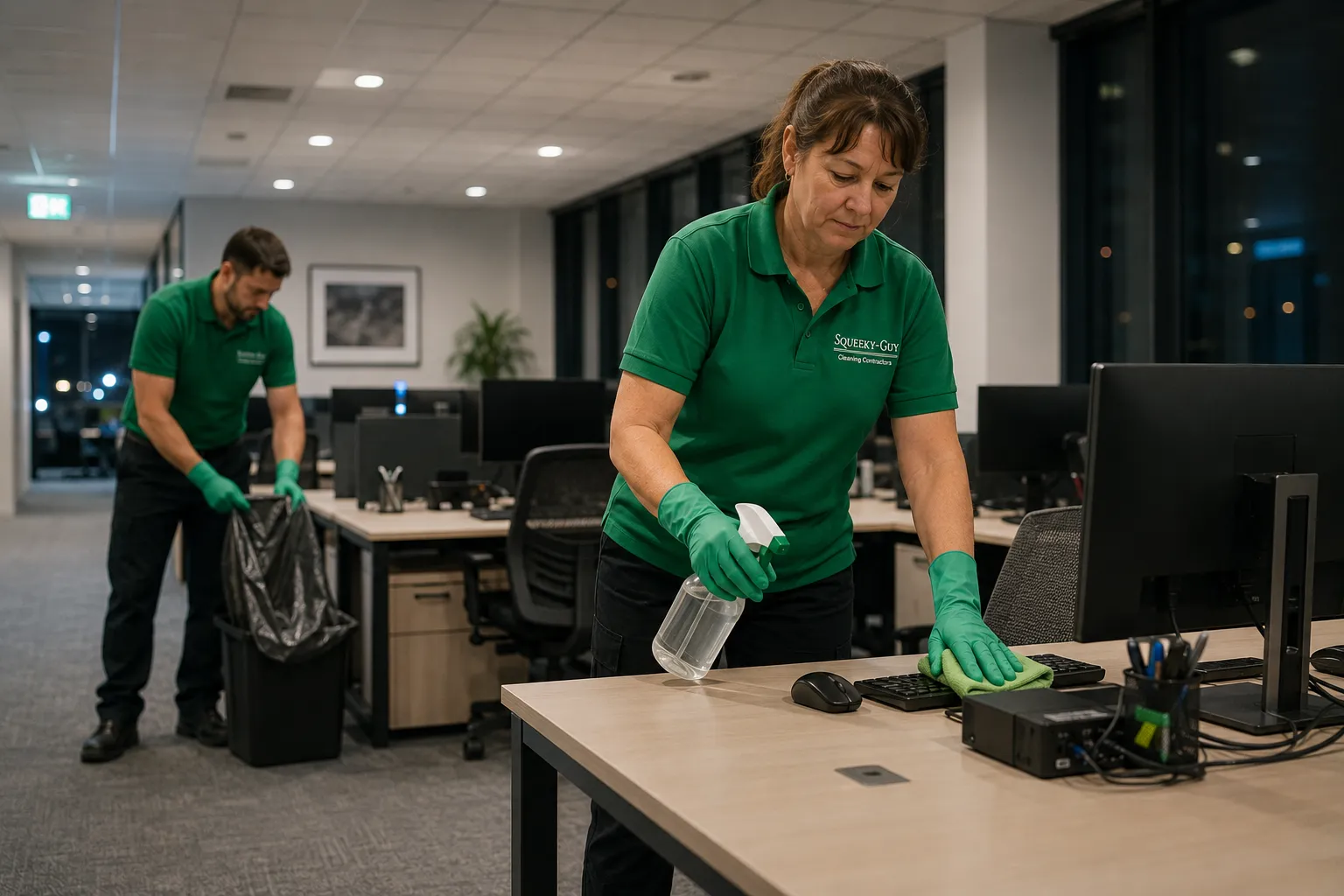 Two office cleaners in a Darwin office building wiping down a desk and taking out the rubbish
