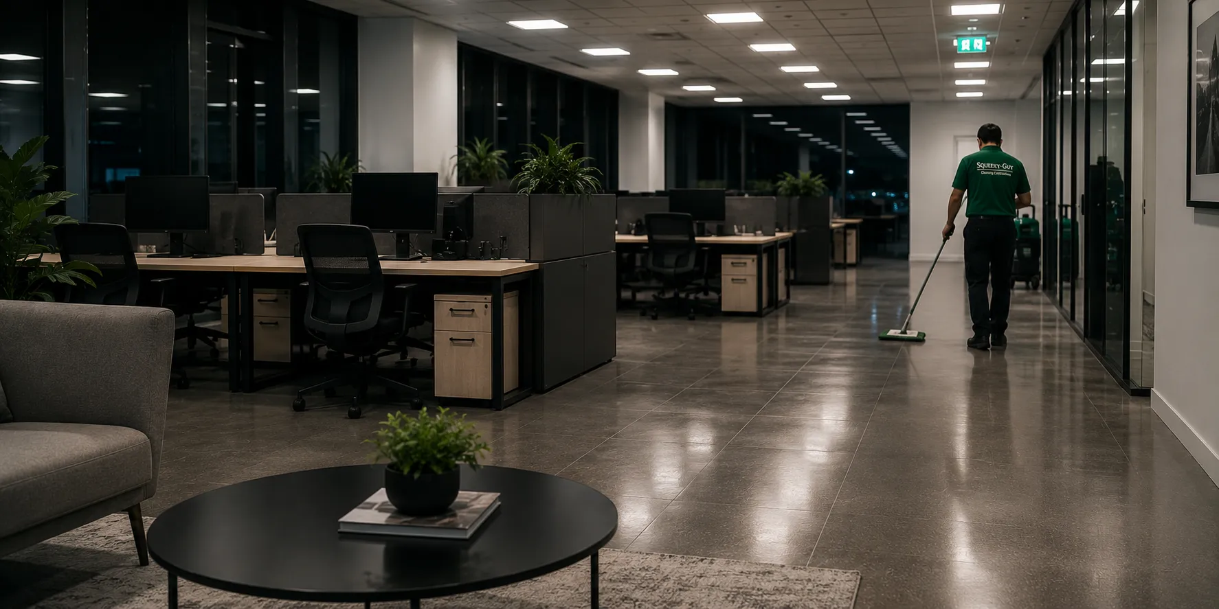 An office cleaner mopping the floors of polished concrete office flooring during a routine office cleaning service
