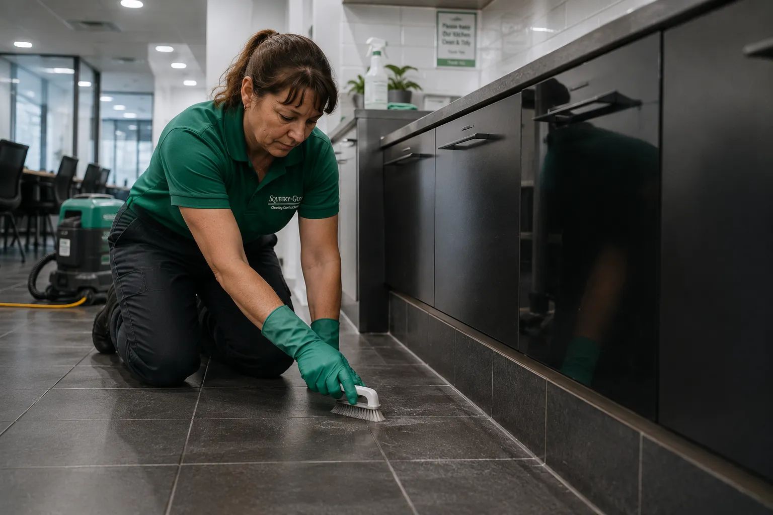 A cleaner cleaning the floors of an office kitchen in a Darwin office building