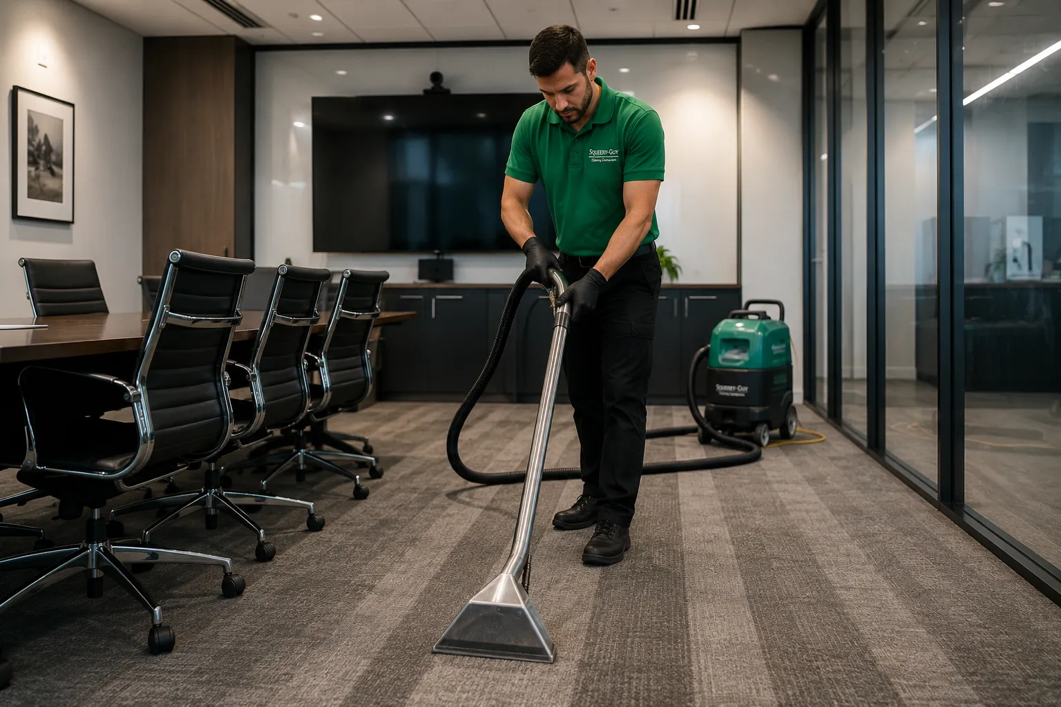 A commercial cleaning expert vacuuming the floors of an office meeting room in a Darwin office during our routine commercial cleaning service