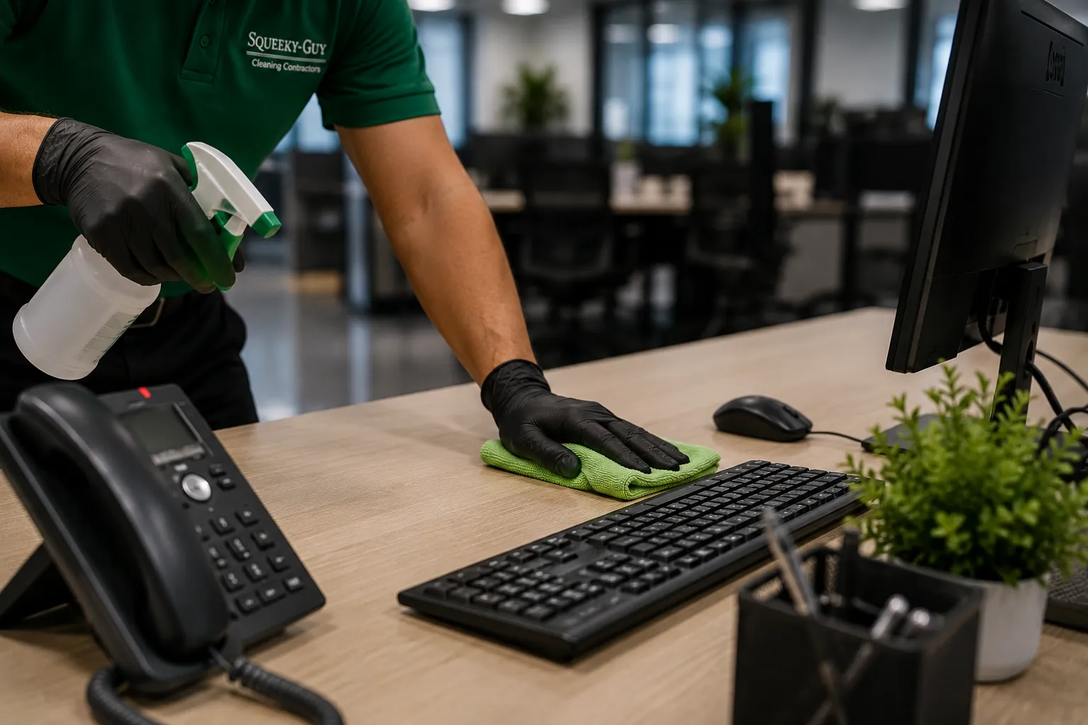A close up of a commercial cleaner wiping down the desk and keyboard in an office using eco-friendly cleaning products
