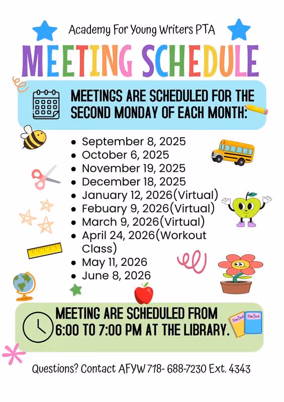 Academy For Young Writers PTA meeting schedule flyer for 2025 to 2026