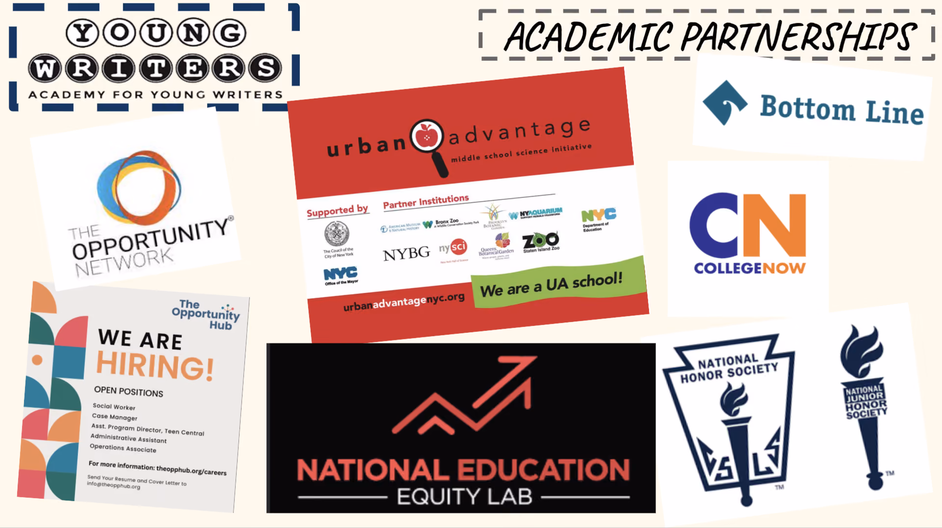 Academic partnerships logos including Urban Advantage CollegeNow and National Honor Society