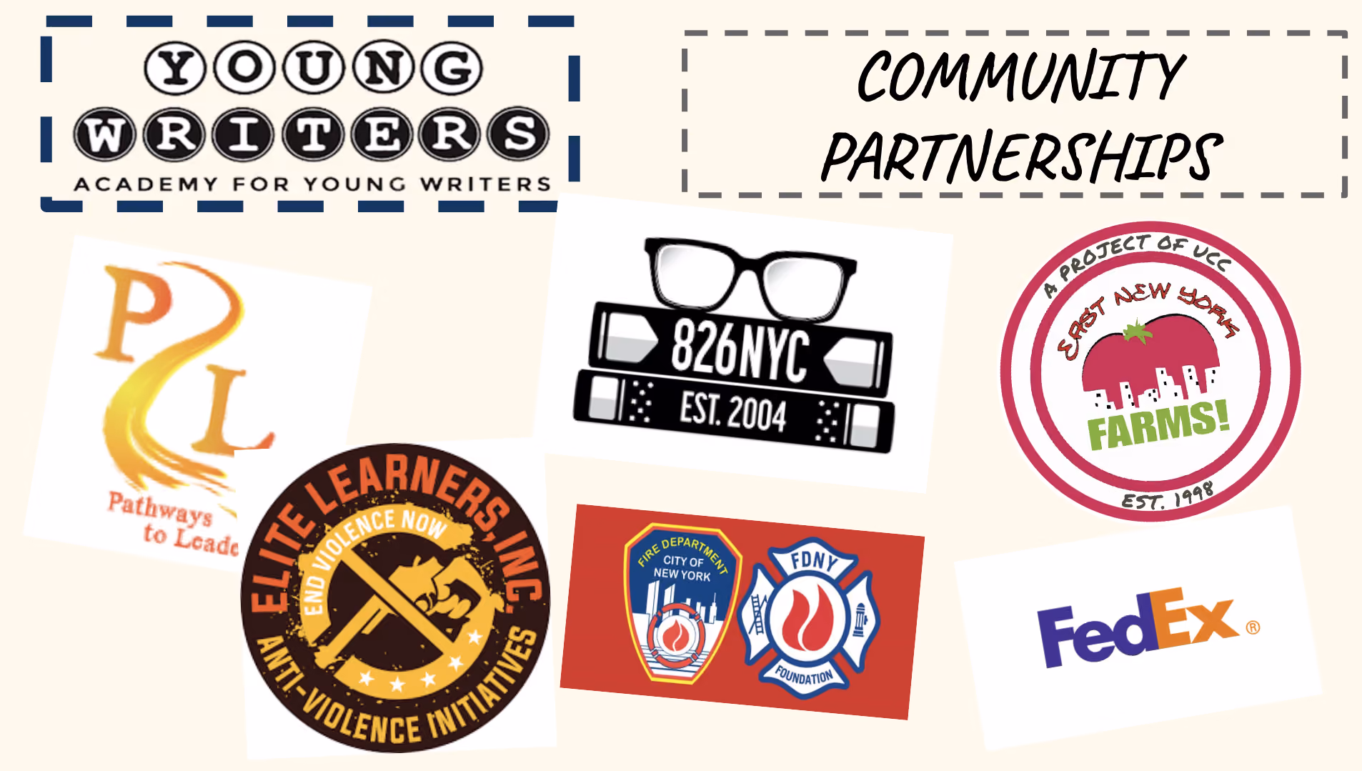 Academy for Young Writers community partnerships logos collage