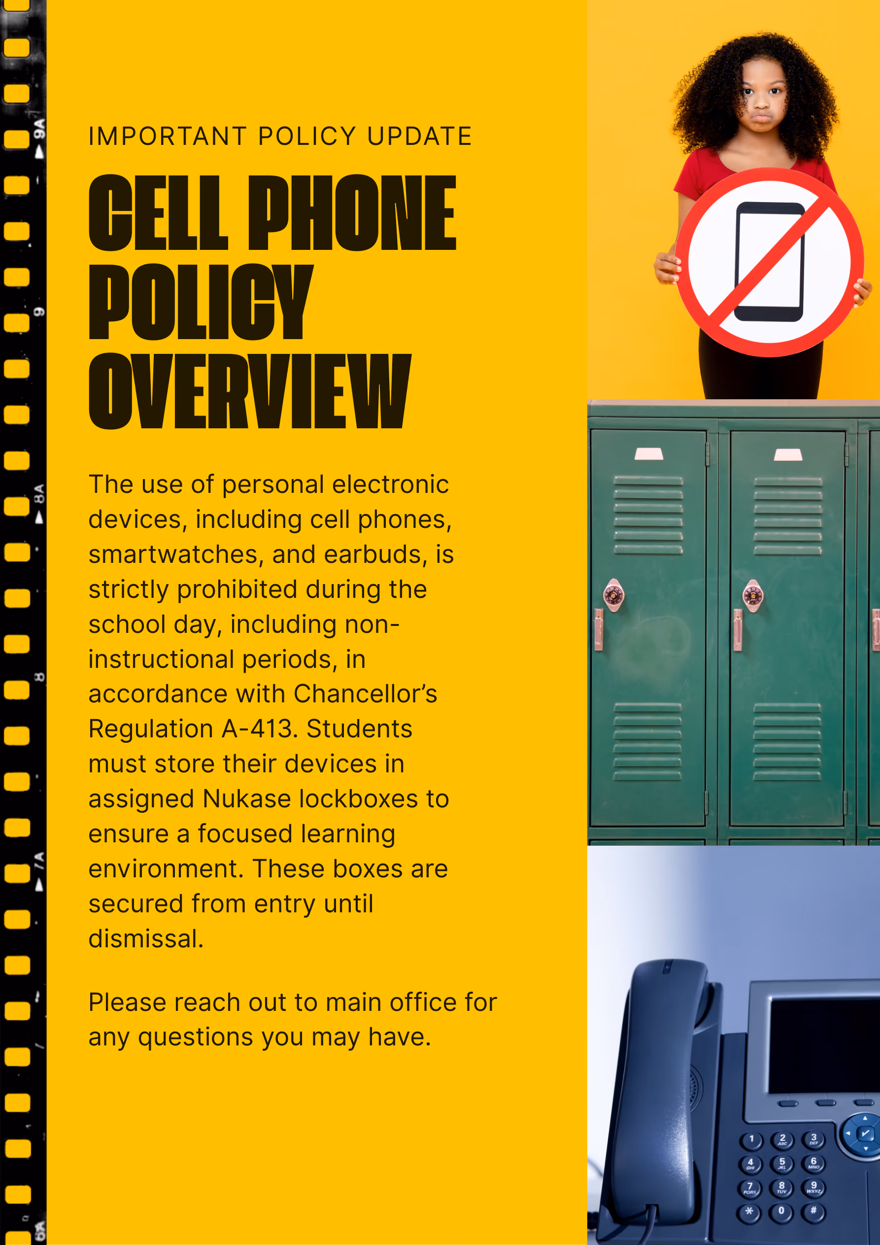 Cell phone policy overview flyer with no phones prohibited sign