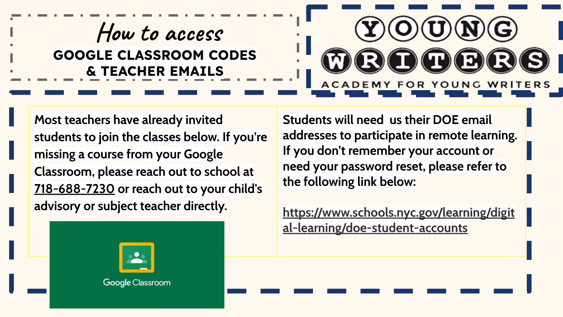 Instructions for accessing Google Classroom codes and teacher emails at Academy for Young Writers