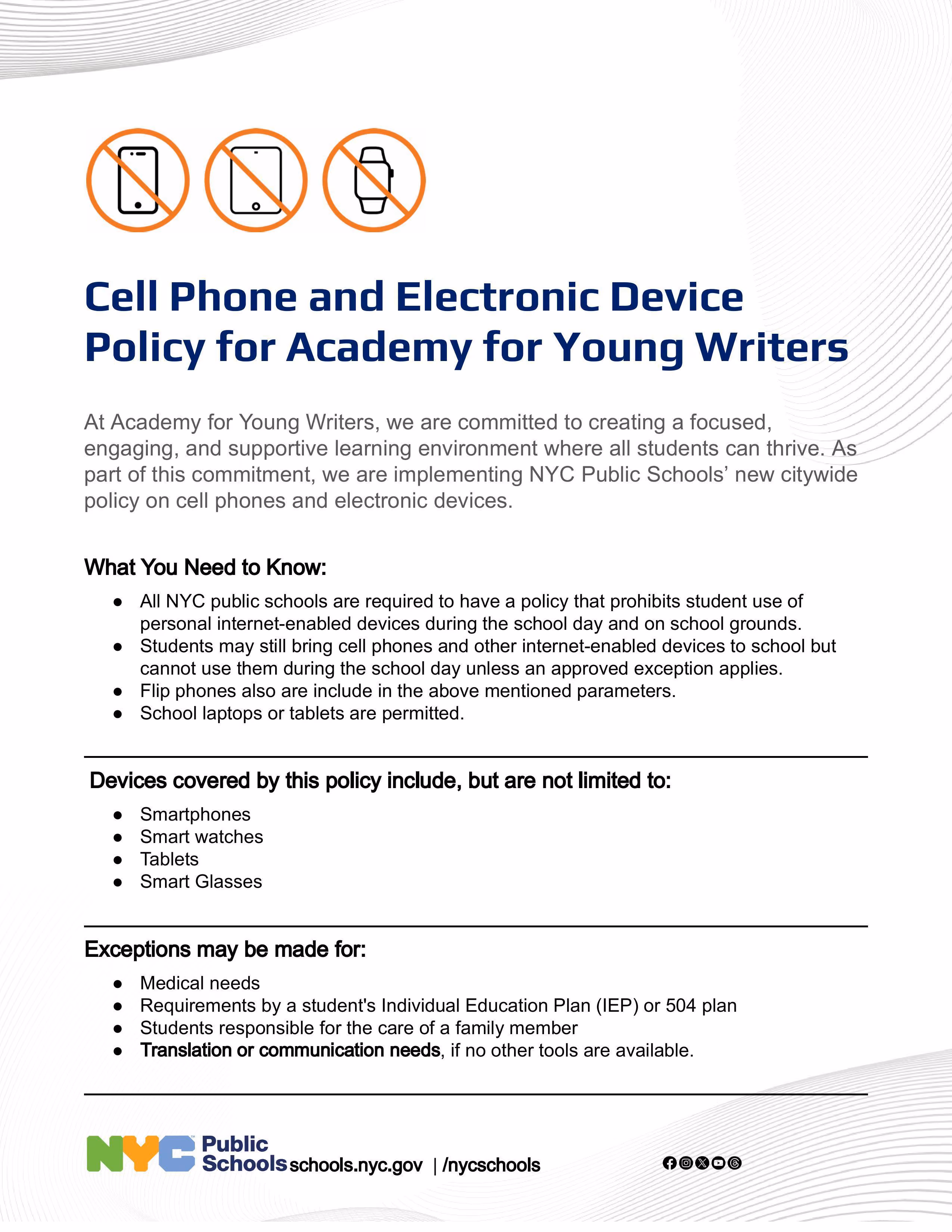 Cell Phone and Electronic Device Policy flyer for Academy for Young Writers