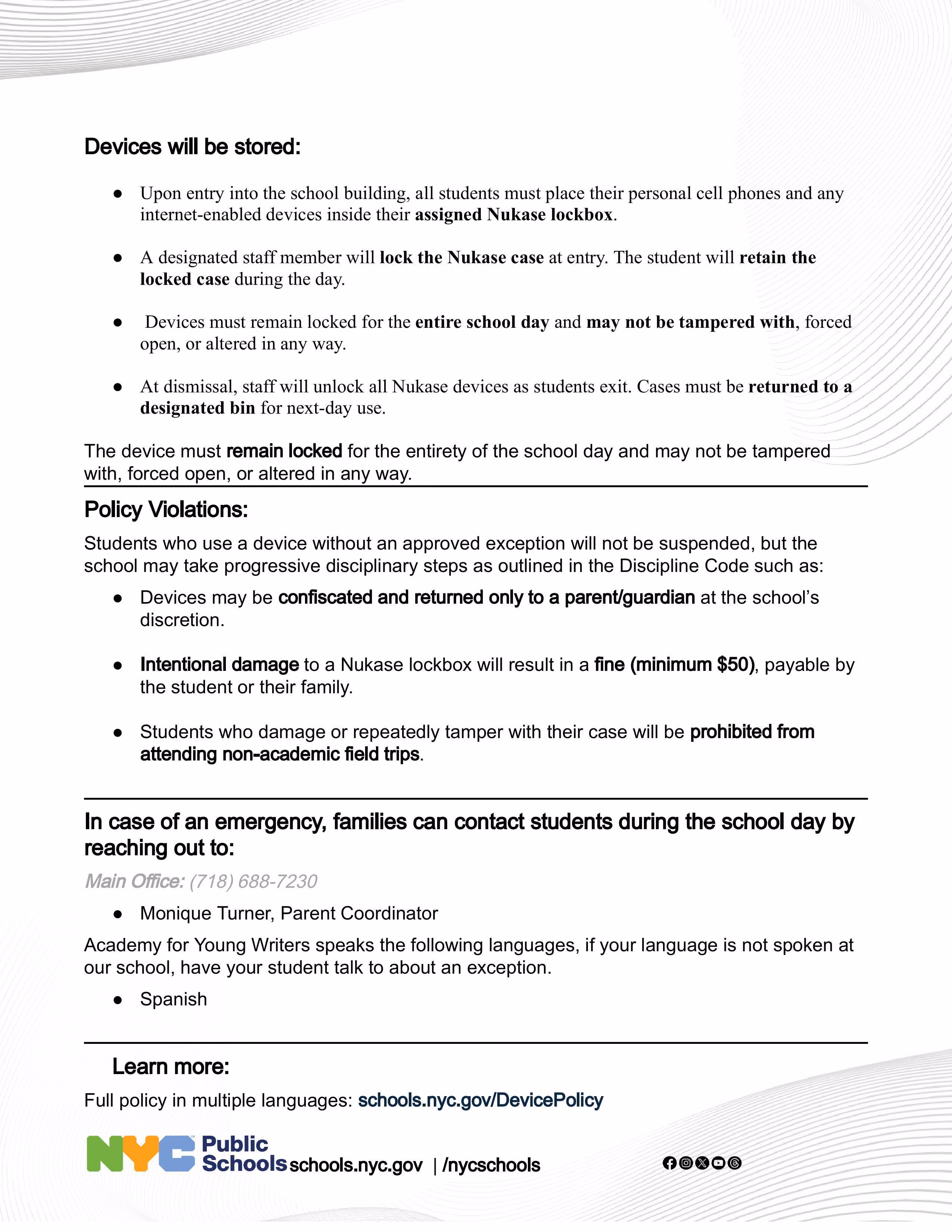 NYC Public Schools cell phone storage policy and violation guidelines