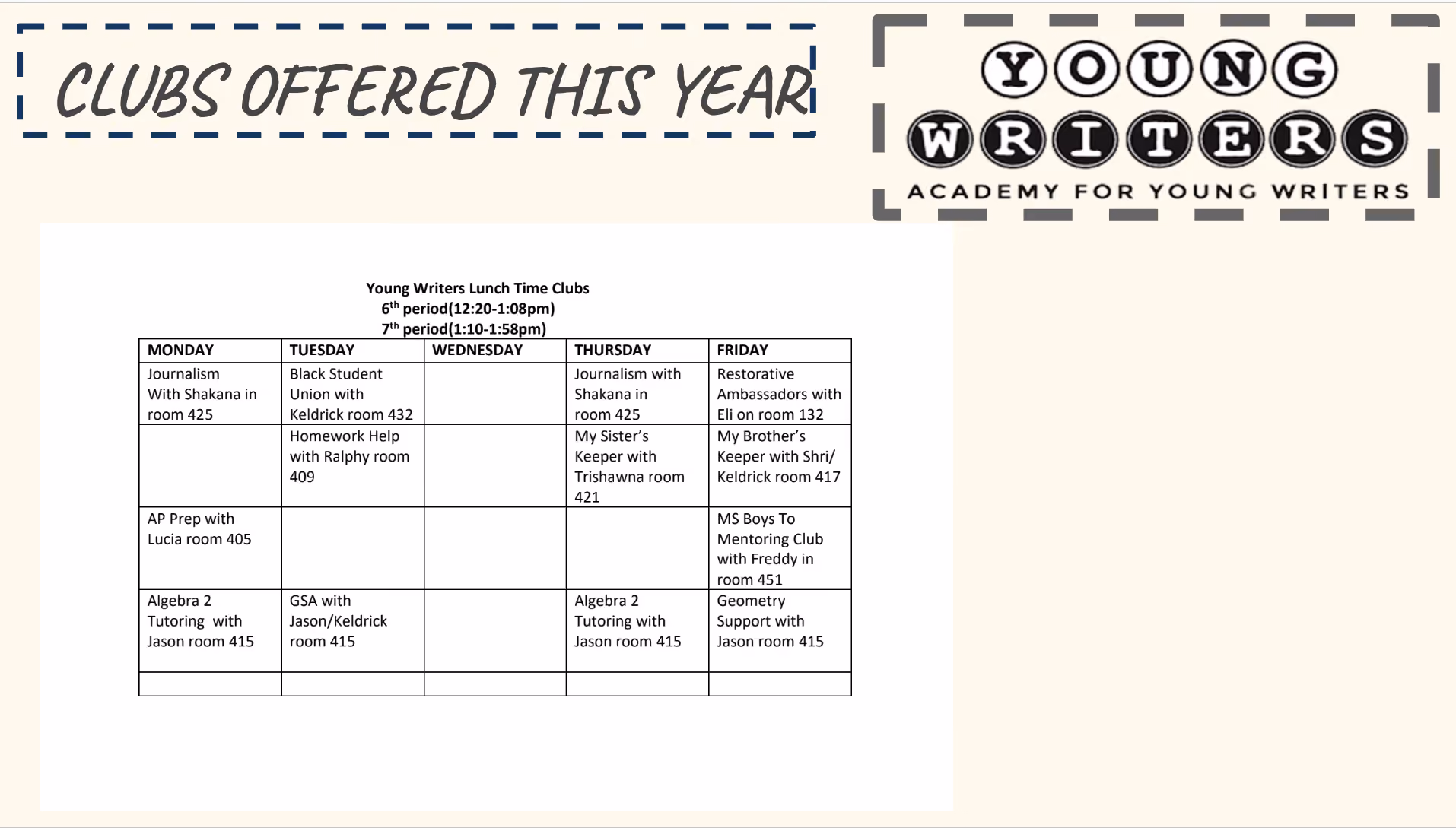 Young Writers Academy lunch clubs weekly schedule by day and room