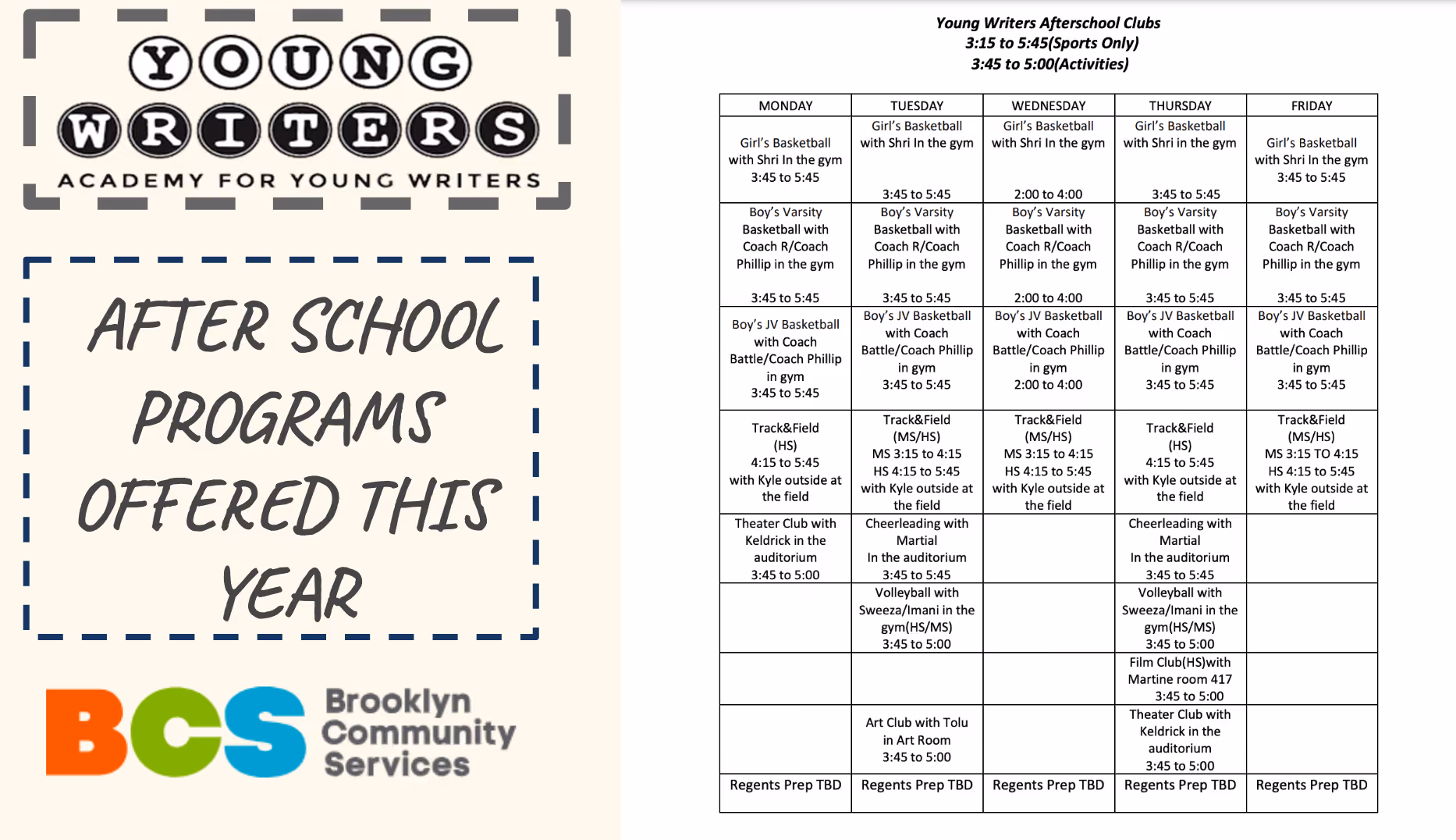 Young Writers Academy afterschool program schedule listing sports and activities by day