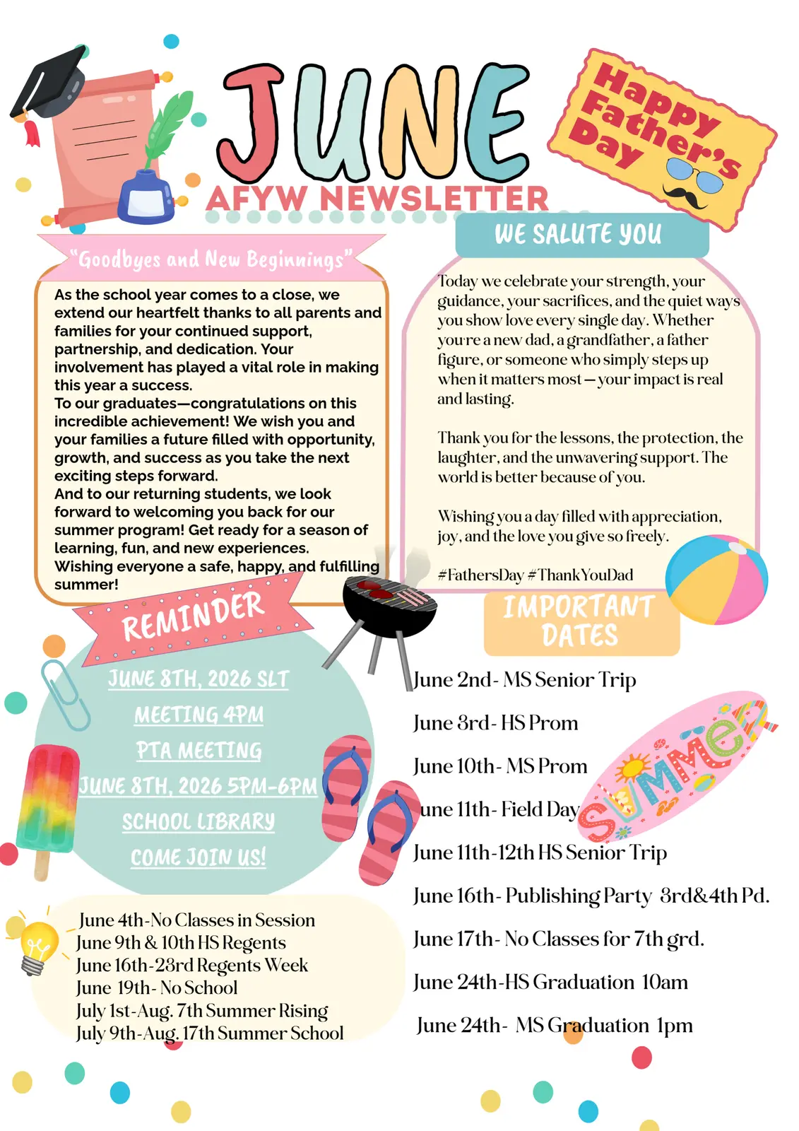 AFYW June 2026 school newsletter with important dates and reminders