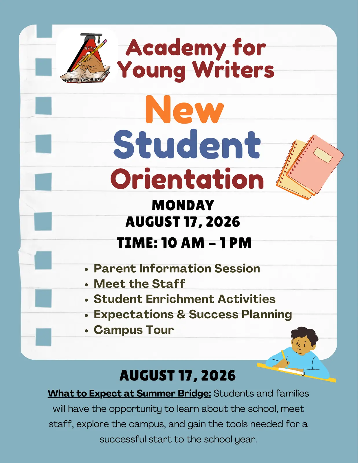 Academy for Young Writers New Student Orientation flyer August 17 2026