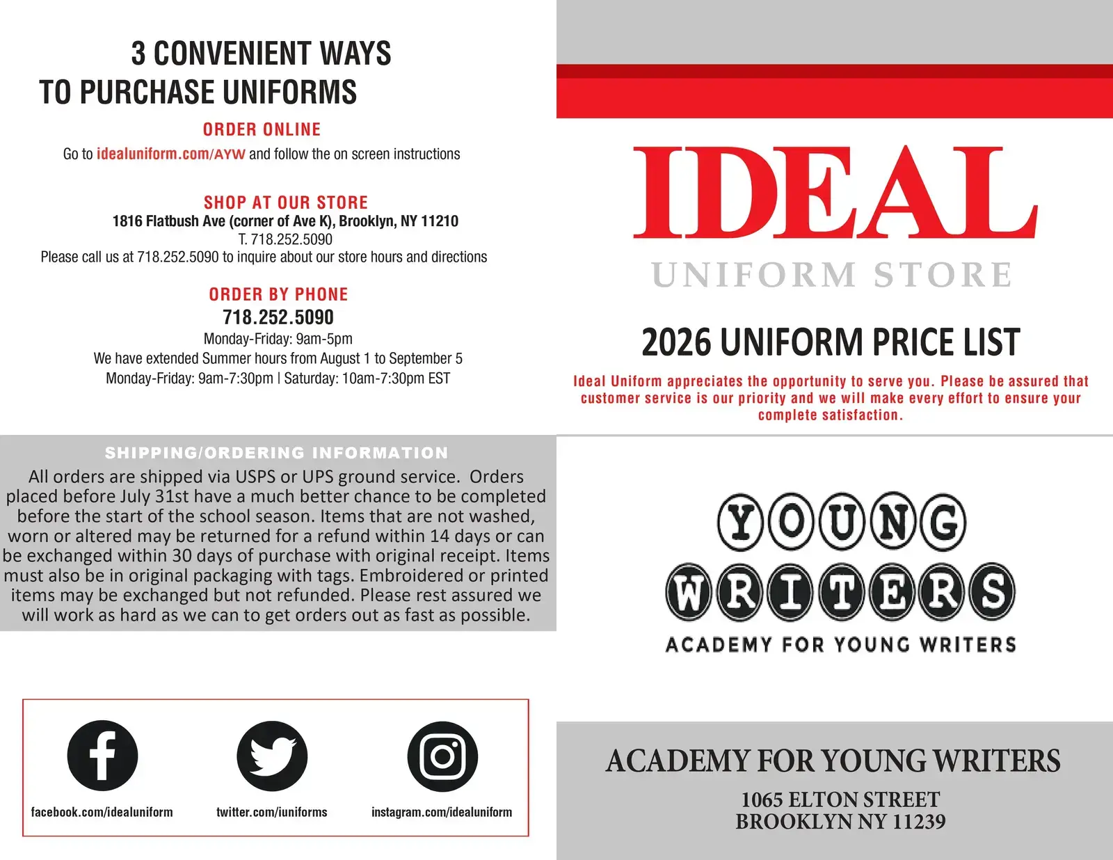 Academy for Young Writers 2026 uniform price list from Ideal Uniform Store