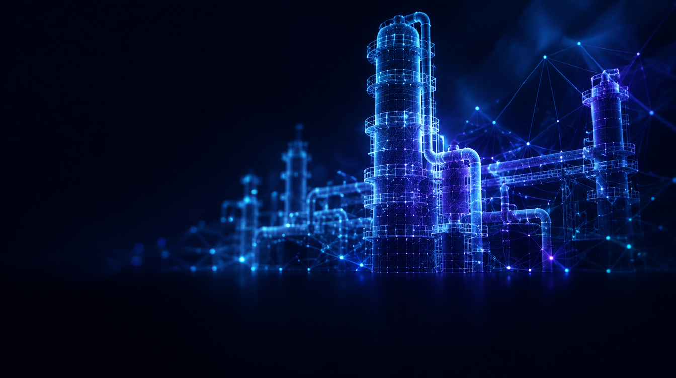 Industrial process plant rendered as a glowing wireframe model at night