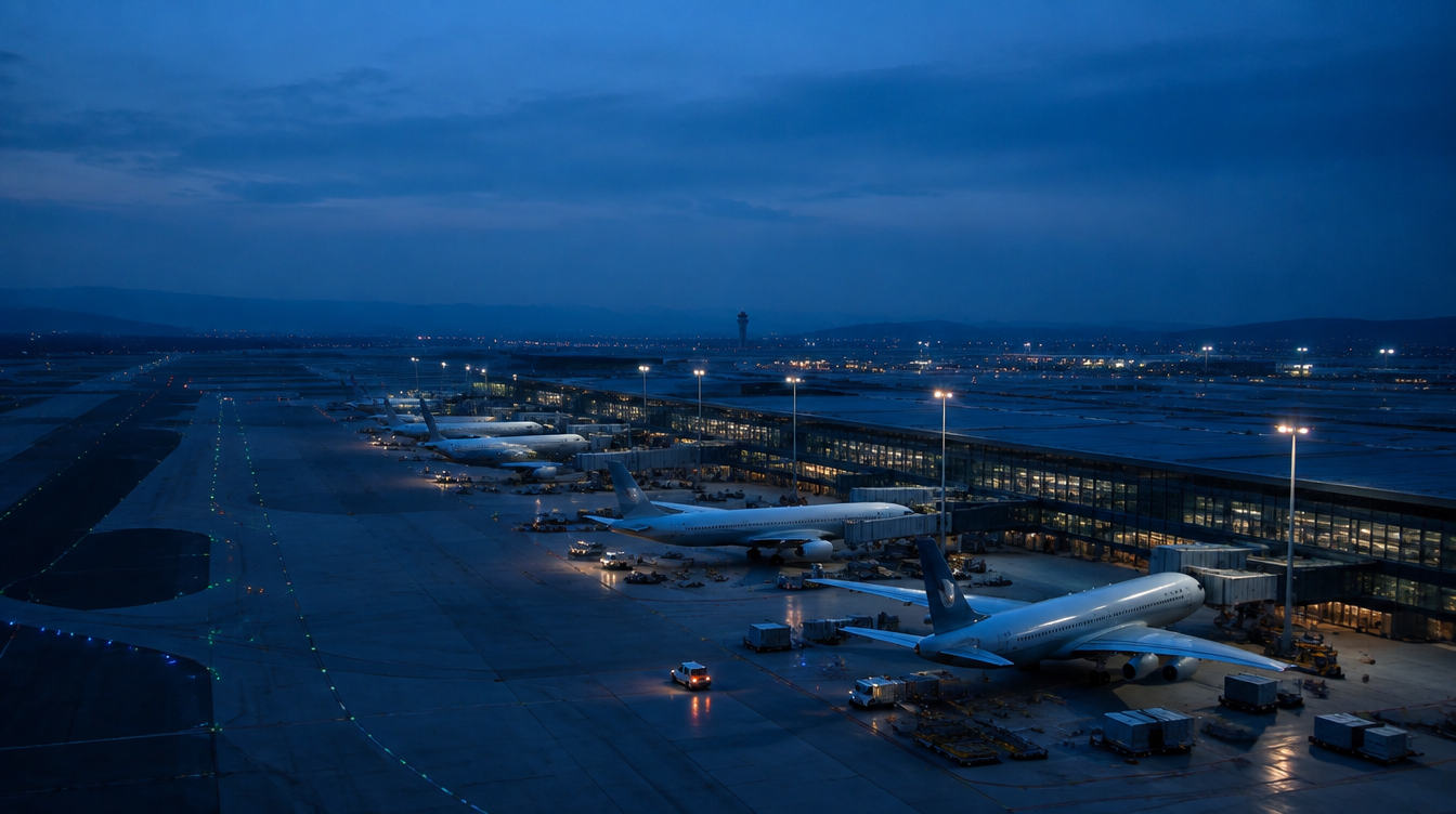 Aircraft parked on an airport apron at dusk
