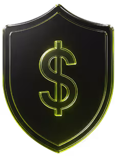 Black shield with glowing neon green dollar sign symbol in the center.
