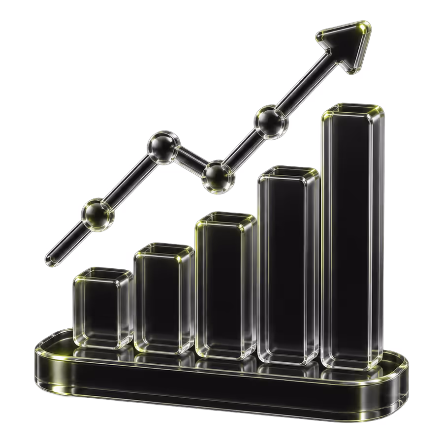 Black 3D bar chart with an upward trending arrow line graph representing growth.