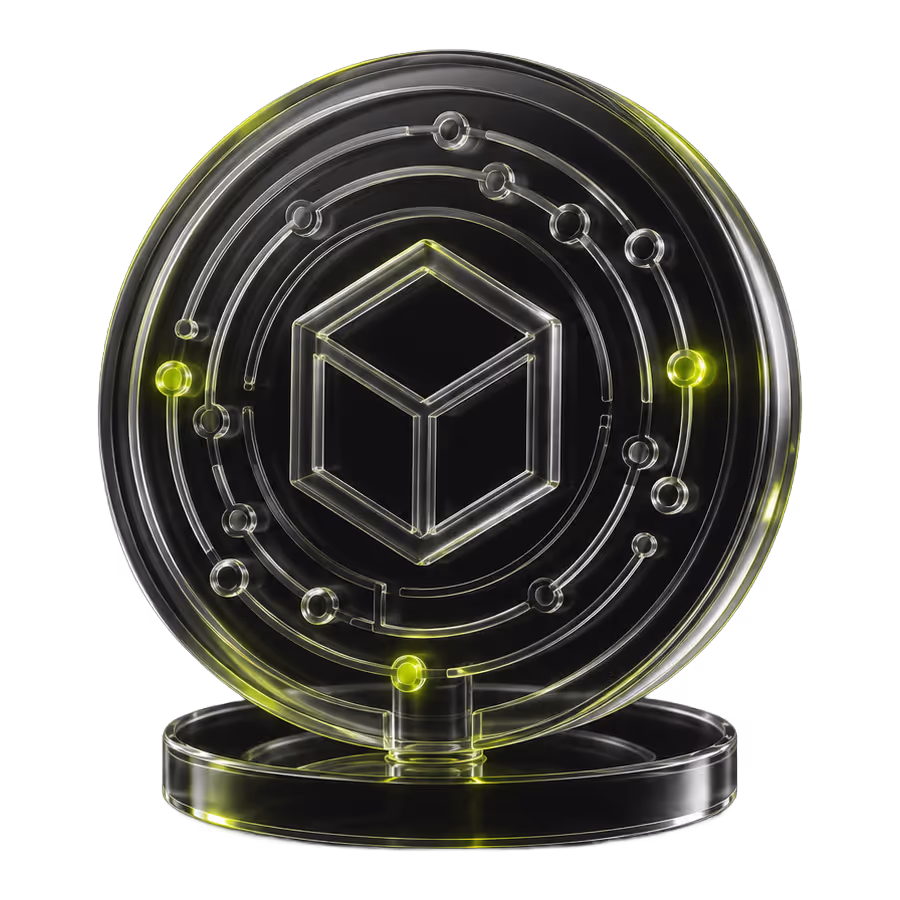 Transparent black and yellow futuristic coin with a cube and orbiting spheres design.