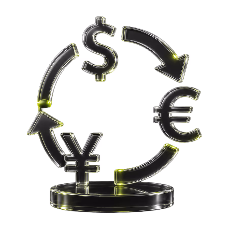 3D arrows forming a circle around dollar, euro, and yen currency symbols on a round base.
