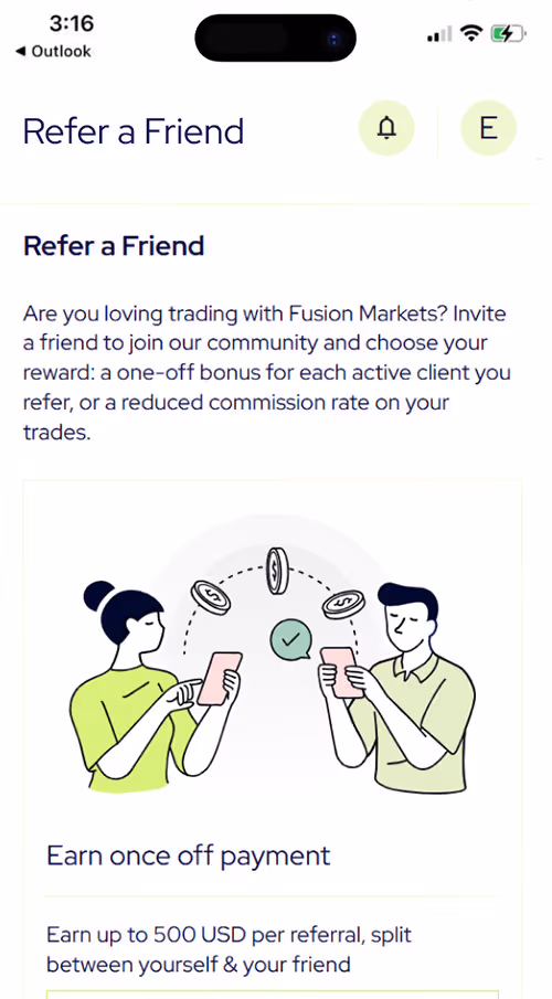 Mobile screen showing Fusion Markets refer a friend offer with up to 500 USD reward split between users.