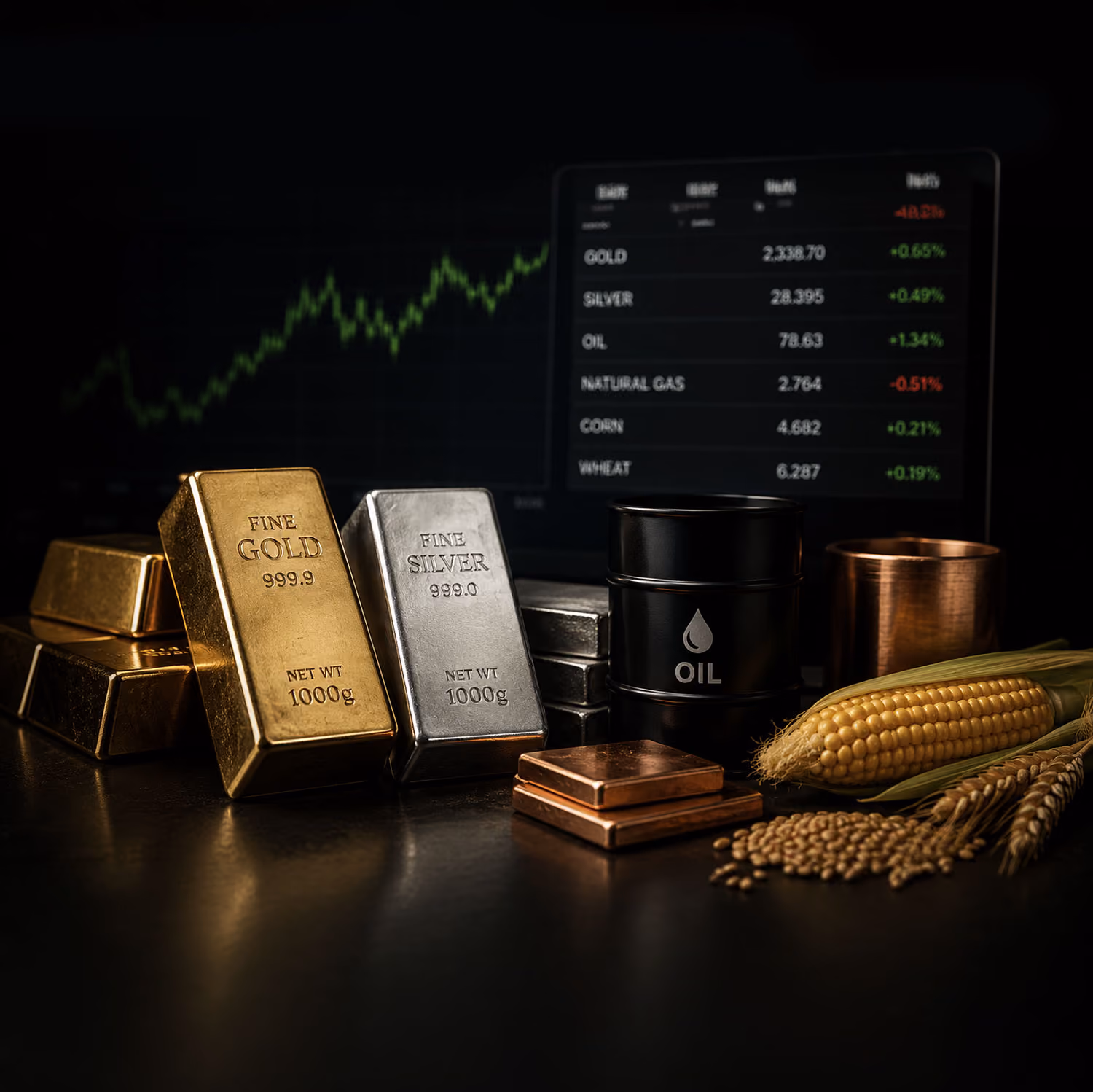 Gold and silver bars, oil barrel, copper plates, corn, wheat, and grains with commodity prices on screen.