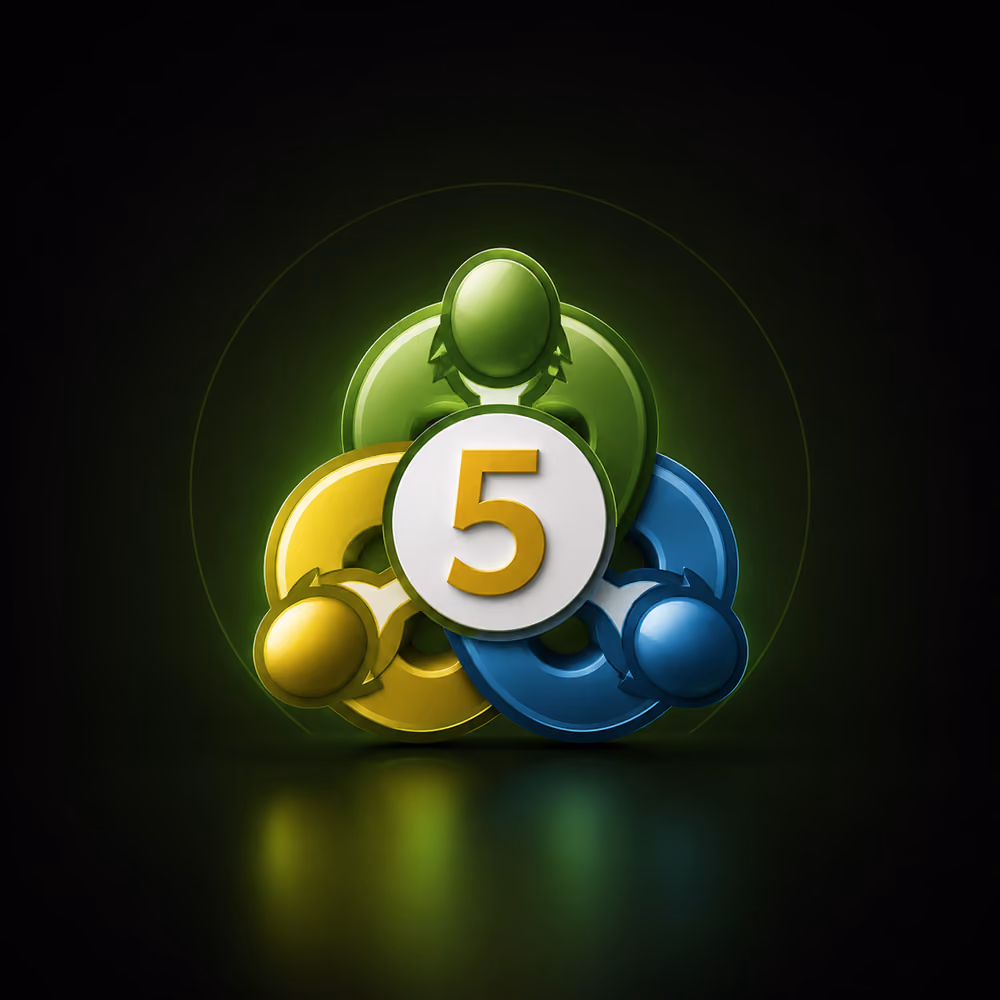 Green, yellow, and blue gender symbols with a white circle in the center showing the number 5.