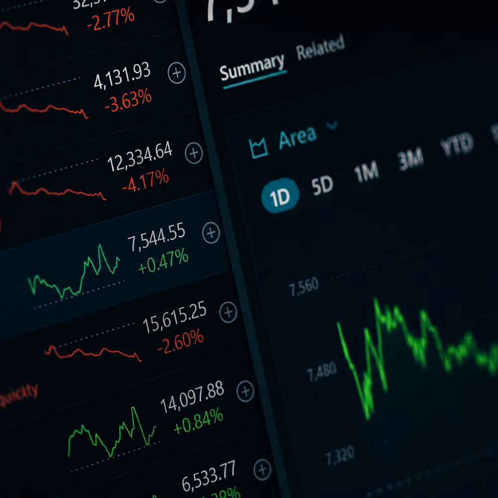 Financial dashboard showing stock prices, percentage changes, and charts with green and red trend lines.