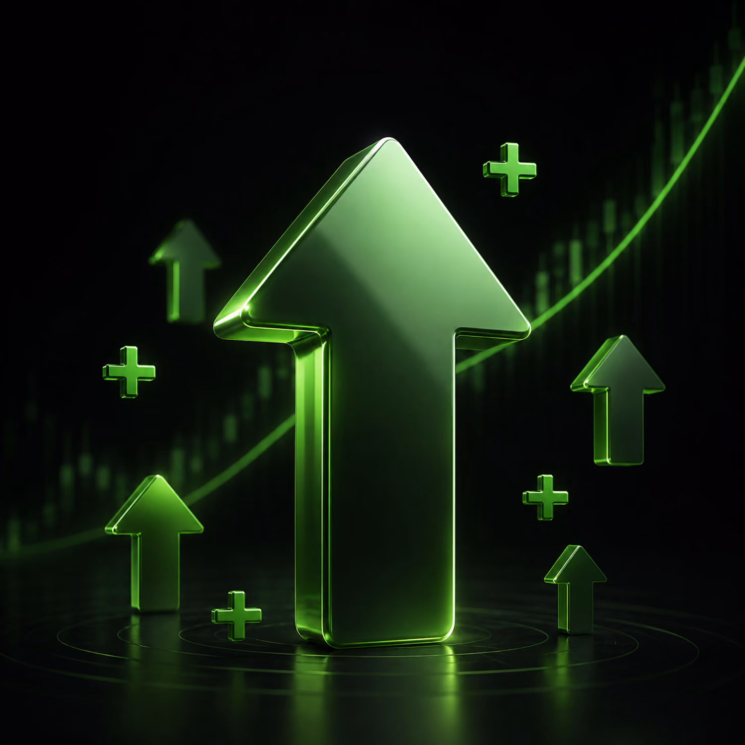 Glowing green arrows pointing upward with plus signs and rising chart lines in the background.