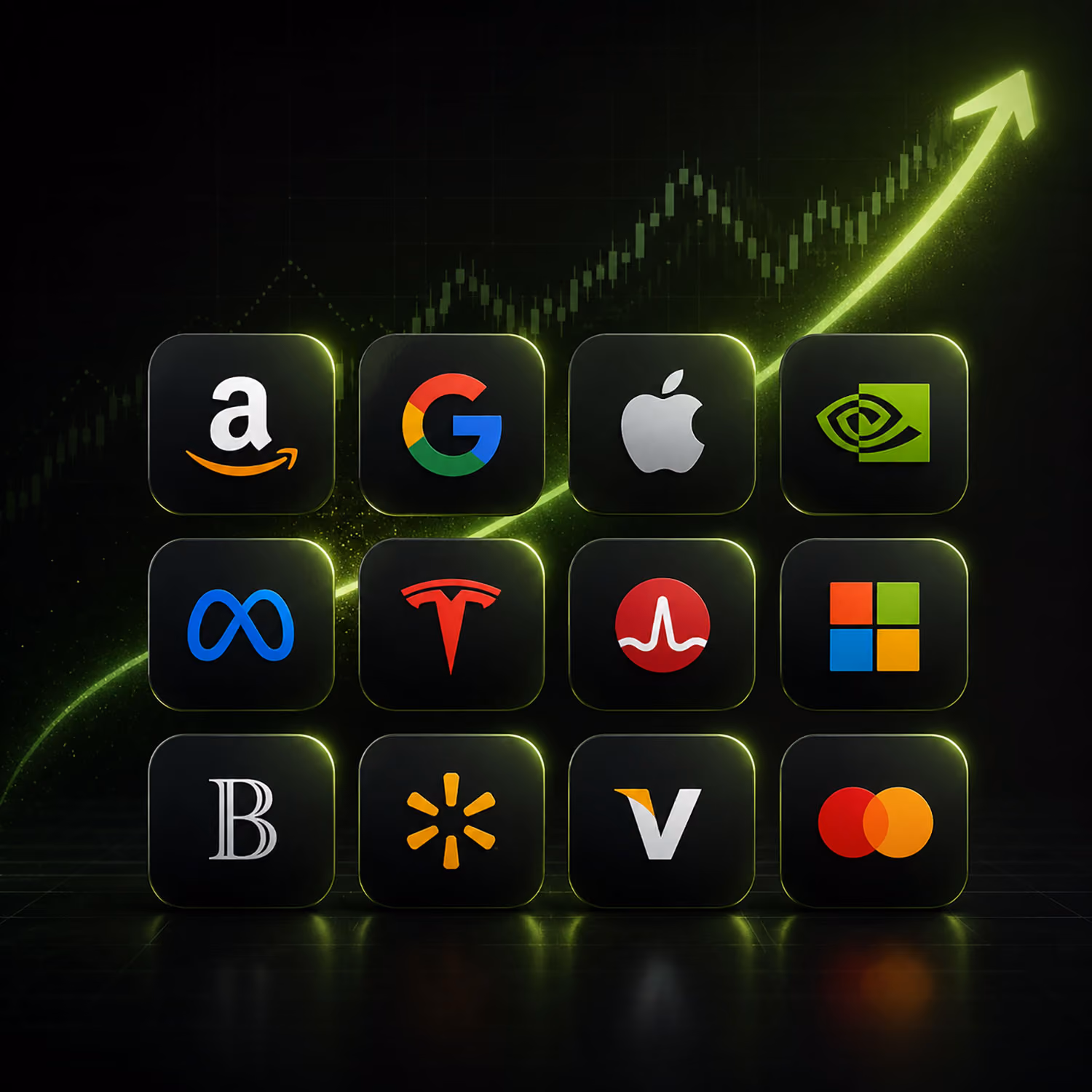 Grid of major tech and retail company logos with a green upward arrow and stock market candlestick chart.