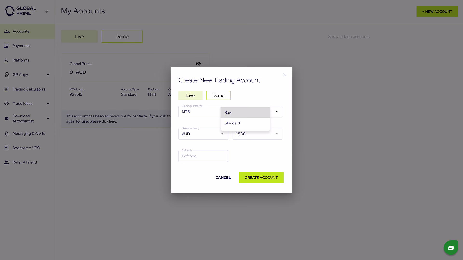 Popup window to create a new trading account with options for live or demo, platform, currency, leverage, and refcode.