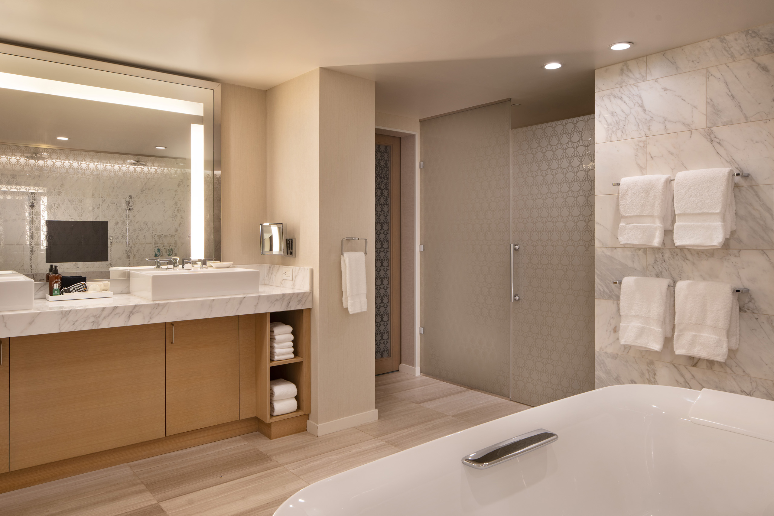 Imperial Suite bathroom with soaking tub and double vanity.