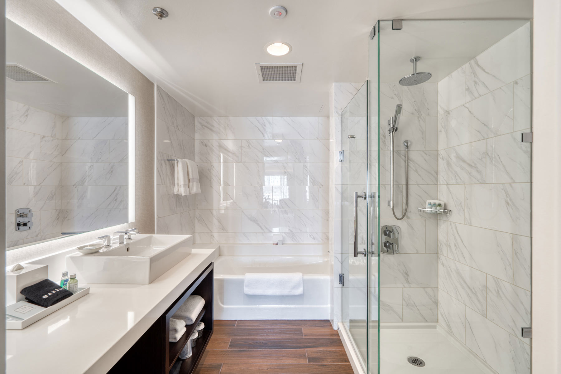 Suite bathroom with shower, a separate tub, and vanity
