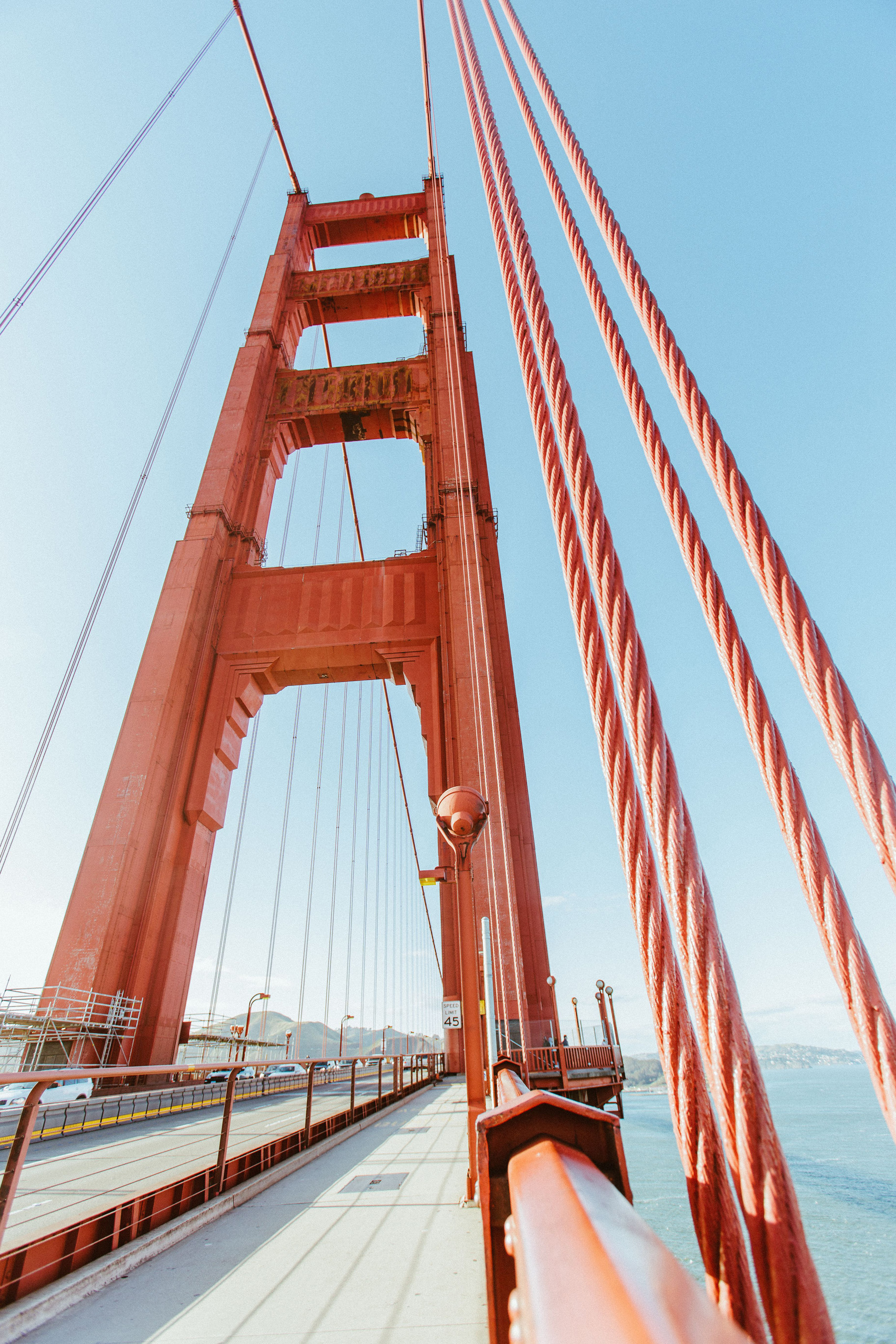 Golden Gate Bridge tower viewed from pedestrian walkway.
