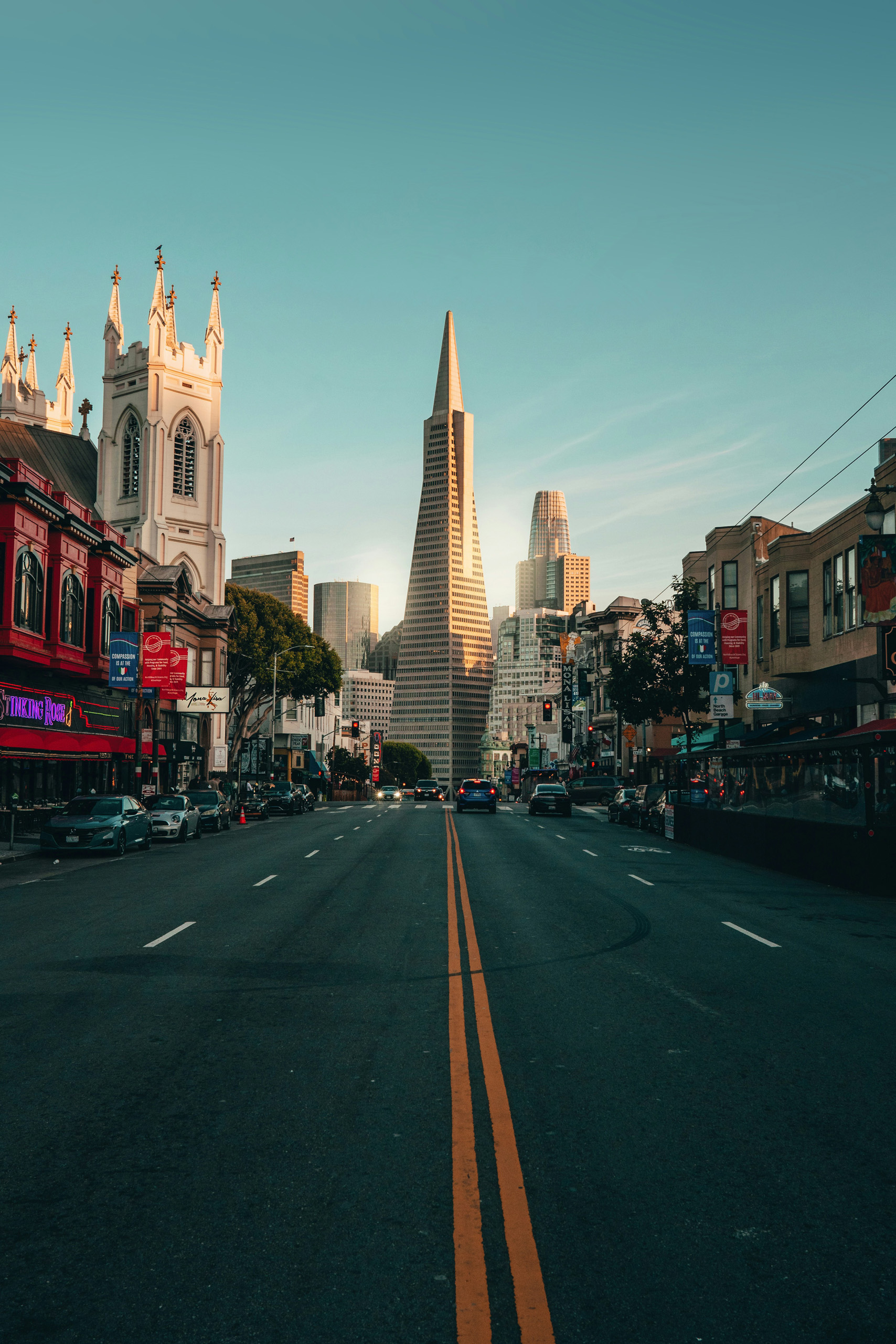 San Francisco street with Transamerica Pyramid in the distance.