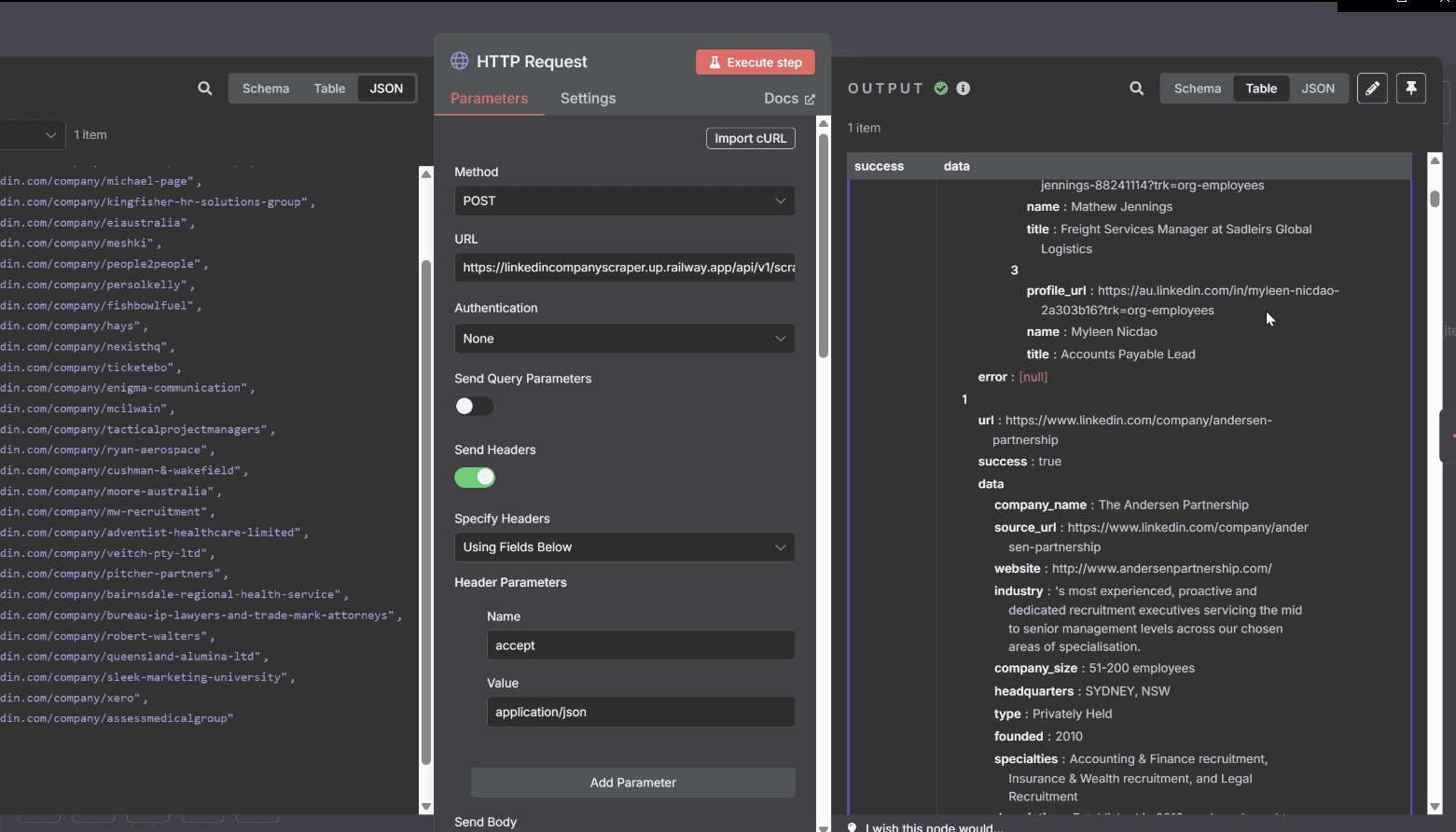 HTTP Request node enriching a company record (The Andersen Partnership), with structured JSON output.