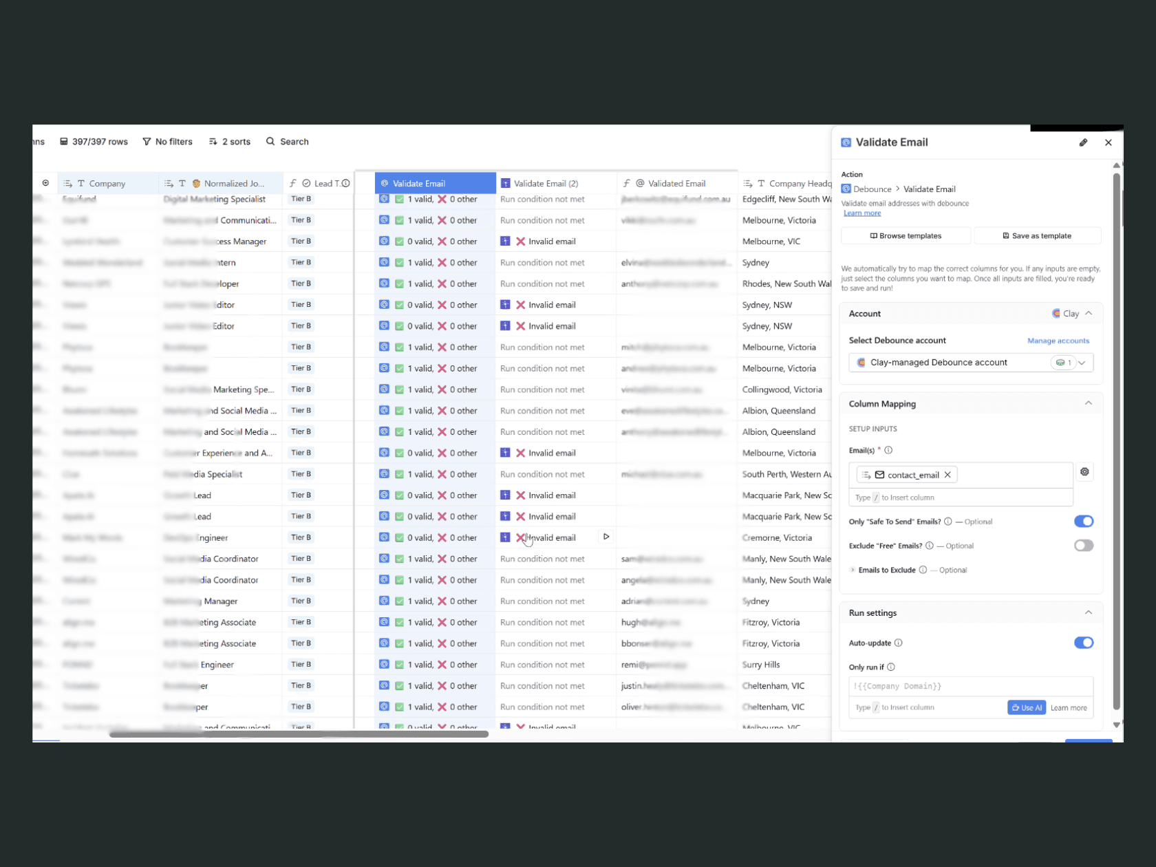 A live Clay workspace: the Validate Email step scoring records and triggering fallback routing.