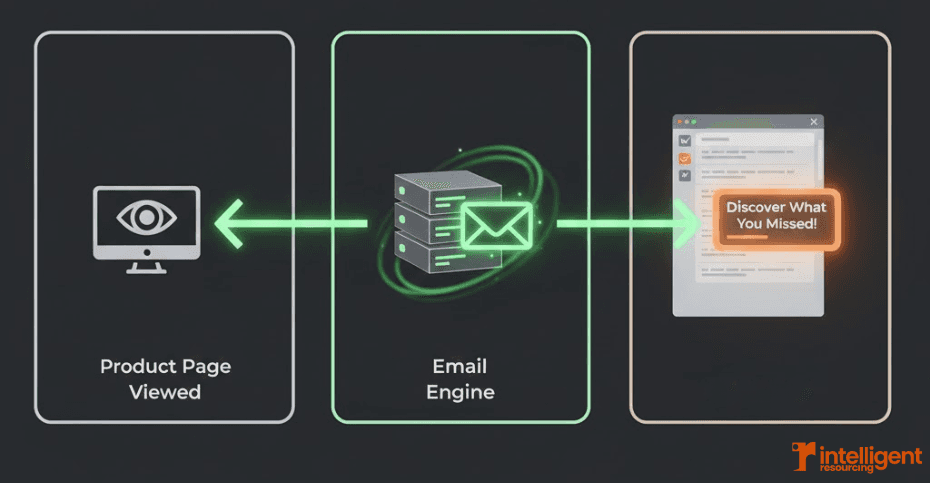 Signal-based email flow: Product Page Viewed -> Email Engine -> "Discover What You Missed!" inbox notification.