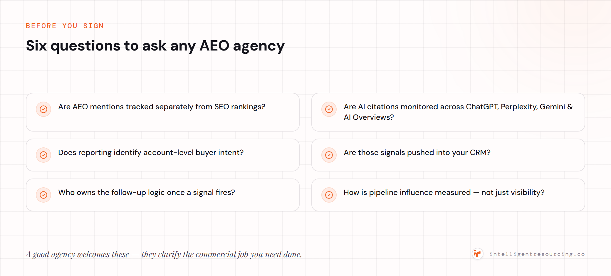 Six questions to ask any AEO agency before signing.