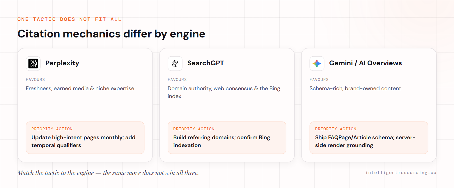 Citation mechanics by engine: Perplexity favours freshness and earned media (update pages monthly, add temporal qualifiers); SearchGPT favours domain authority and the Bing index (build referring domains, confirm Bing indexation); Gemini and AI Overviews favour schema-rich brand-owned content (ship FAQPage/Article schema, server-side render grounding).
