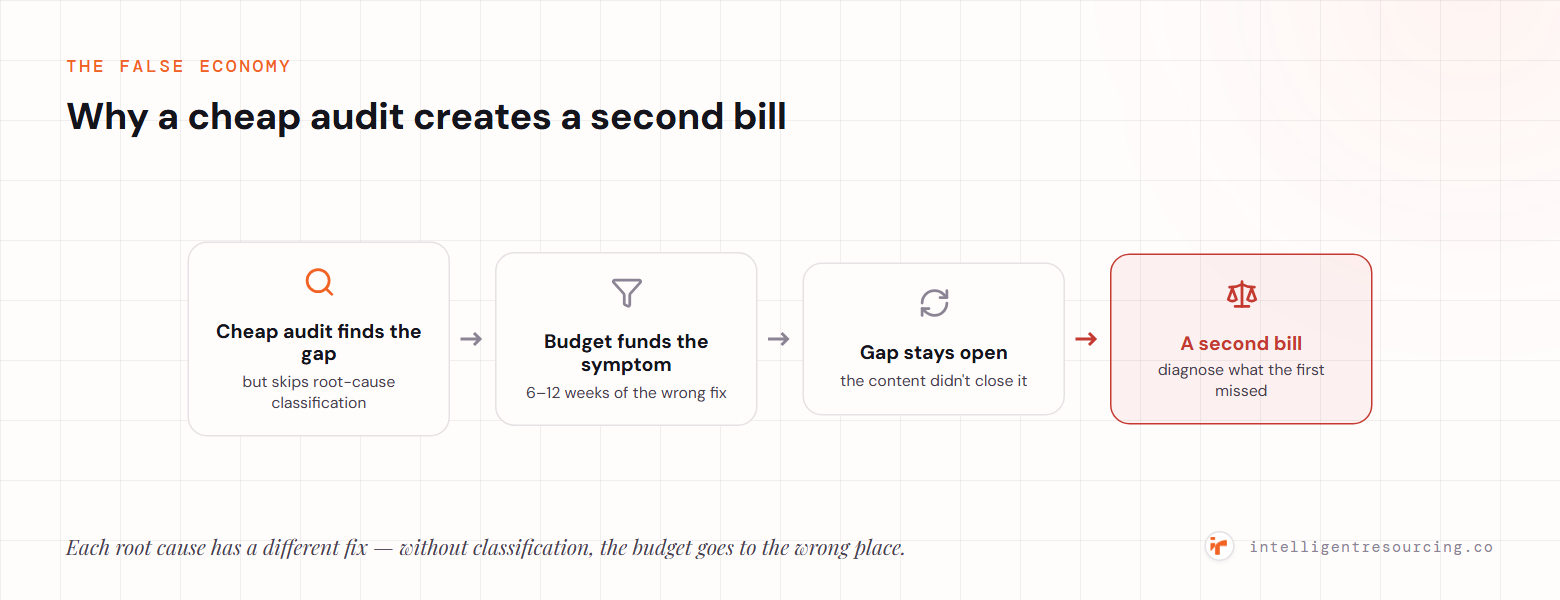 A cheap audit finds the gap but skips root-cause classification, so the budget funds the symptom (6–12 weeks of the wrong fix), the gap stays open, and a second bill follows to diagnose what the first missed.