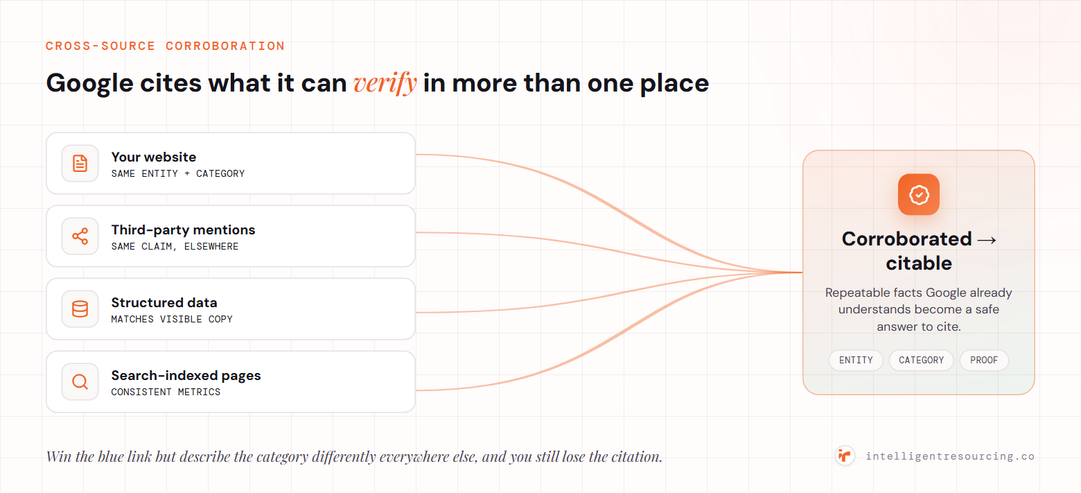 Cross-source corroboration: the same entity, category and proof appearing consistently across your website, third-party mentions, structured data and search-indexed pages converge into a corroborated, citable claim that Google can safely reuse.