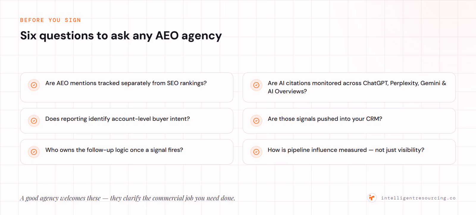 Six questions to ask any AEO agency before signing.