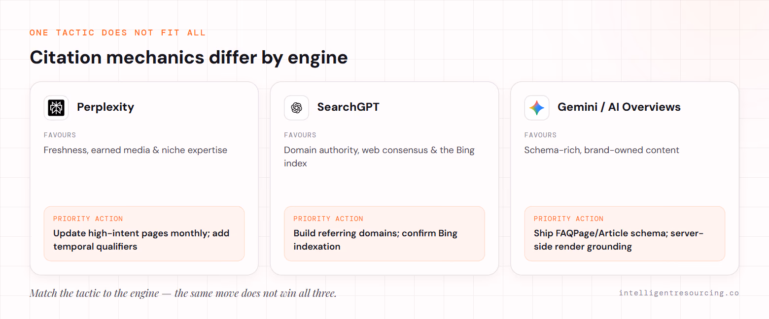 Citation mechanics by engine: Perplexity favours freshness and earned media (update pages monthly, add temporal qualifiers); SearchGPT favours domain authority and the Bing index (build referring domains, confirm Bing indexation); Gemini and AI Overviews favour schema-rich brand-owned content (ship FAQPage/Article schema, server-side render grounding).