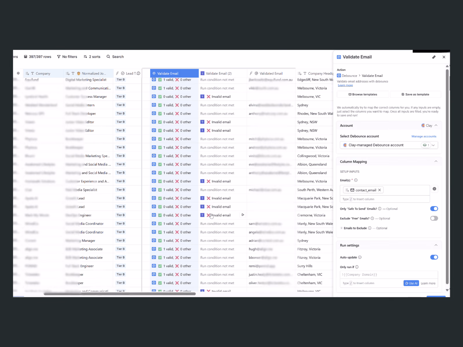 A live Clay workspace: the Validate Email step scoring records and triggering fallback routing.