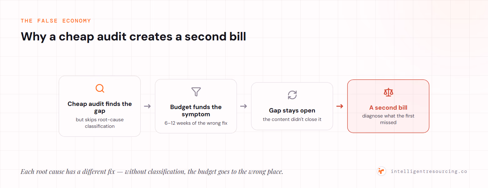 A cheap audit finds the gap but skips root-cause classification, so the budget funds the symptom (6–12 weeks of the wrong fix), the gap stays open, and a second bill follows to diagnose what the first missed.
