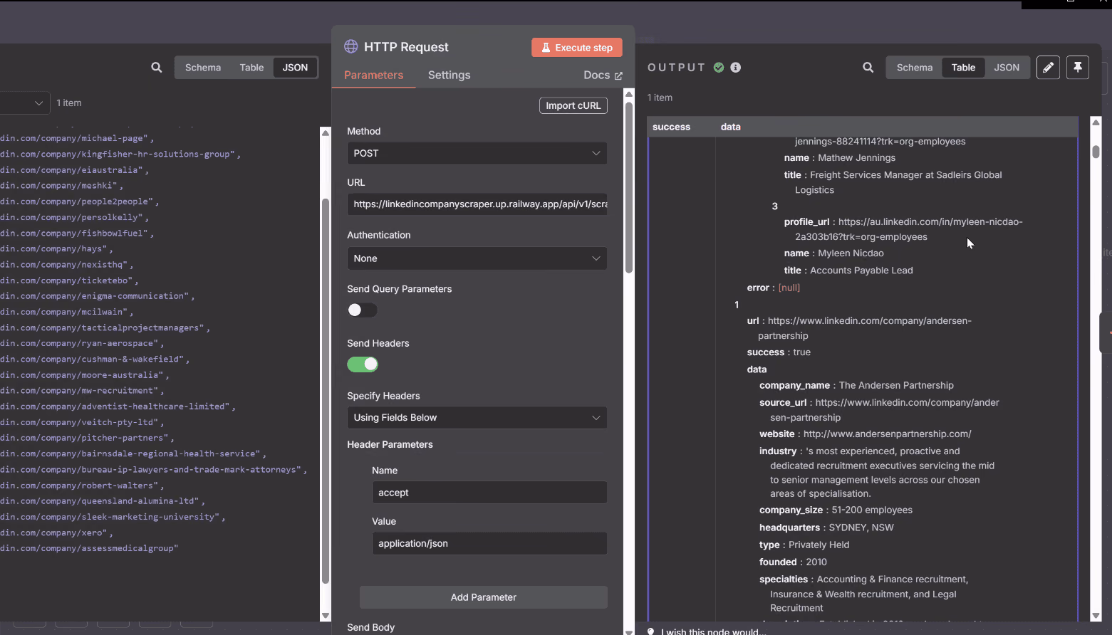 HTTP Request node enriching a company record (The Andersen Partnership), with structured JSON output.