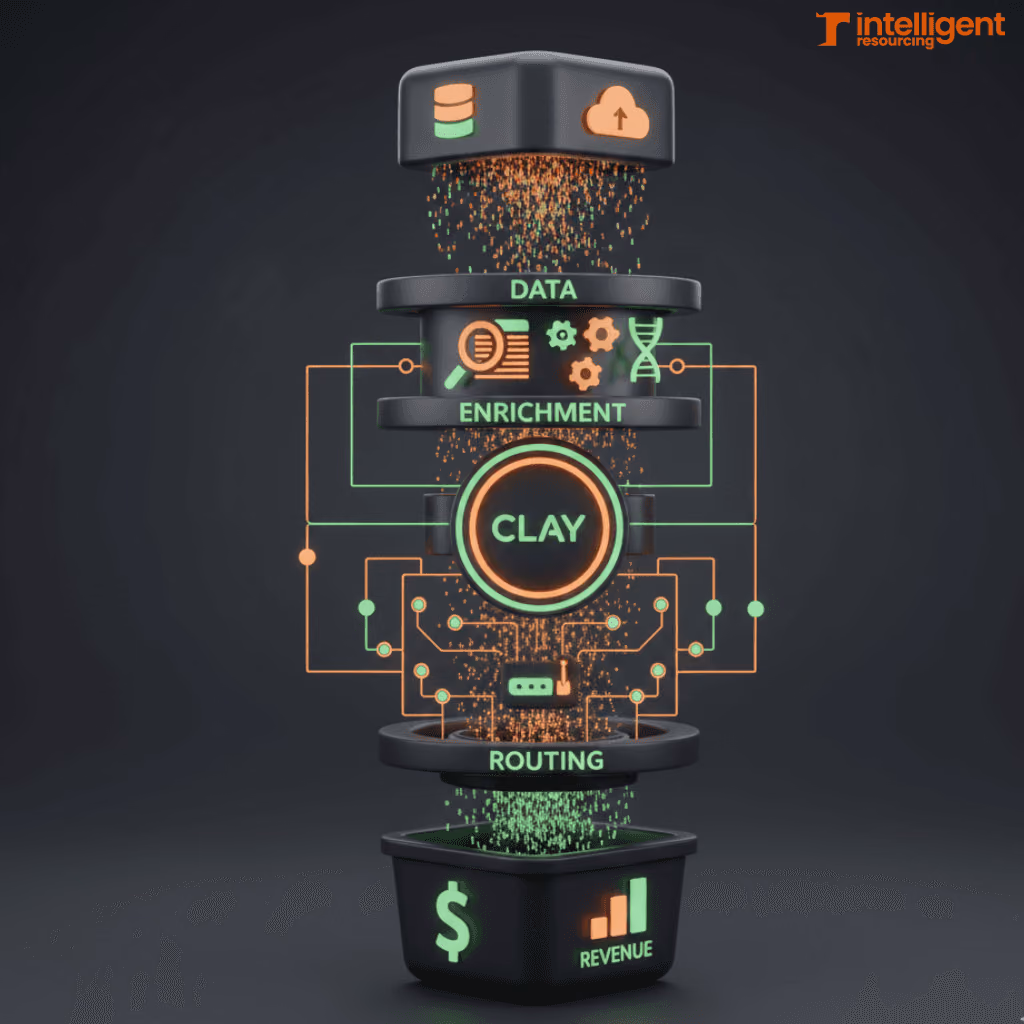 The Clay stack: Data, Enrichment, Clay, Routing, Revenue, as one connected system.