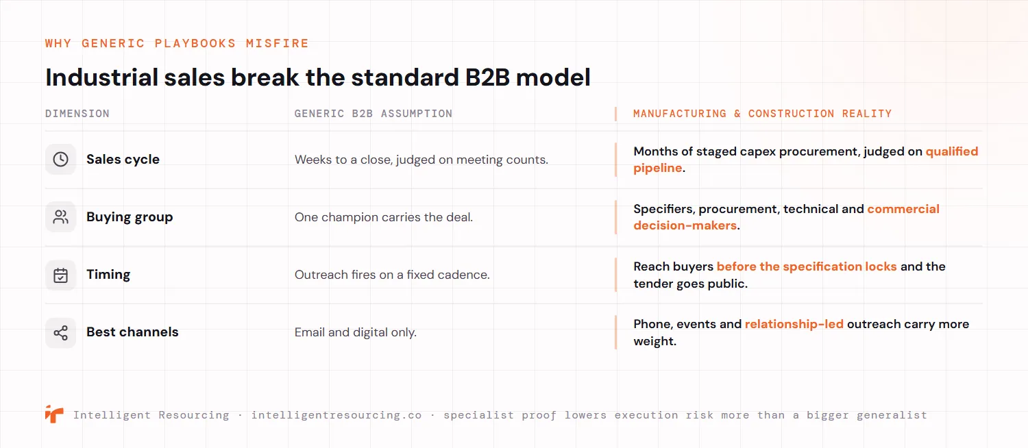 A four-row contrast showing why industrial sales break the standard B2B model. On sales cycle, the generic assumption is weeks to a close judged on meeting counts, while the manufacturing and construction reality is months of staged capex procurement judged on qualified pipeline. On buying group, generic assumes one champion carries the deal, while the reality is specifiers, procurement, technical and commercial decision-makers. On timing, generic outreach fires on a fixed cadence, while the reality is reaching buyers before the specification locks and the tender goes public. On best channels, generic relies on email and digital only, while the reality is that phone, events and relationship-led outreach carry more weight.