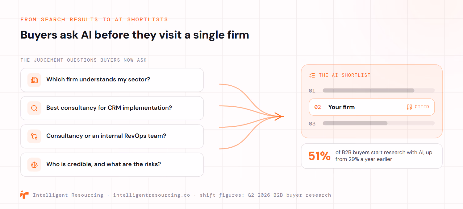 How professional services discovery now moves to AI shortlists. Four judgement questions a buyer asks an AI system, which firm understands my sector, best consultancy for CRM implementation, consultancy or an internal RevOps team, and who is credible and what are the risks, flow into an AI shortlist panel of three ranked slots where the firm sits in second place and is marked as cited. A stat notes that 51 percent of B2B buyers now start research with an AI chatbot, up from 29 percent a year earlier.