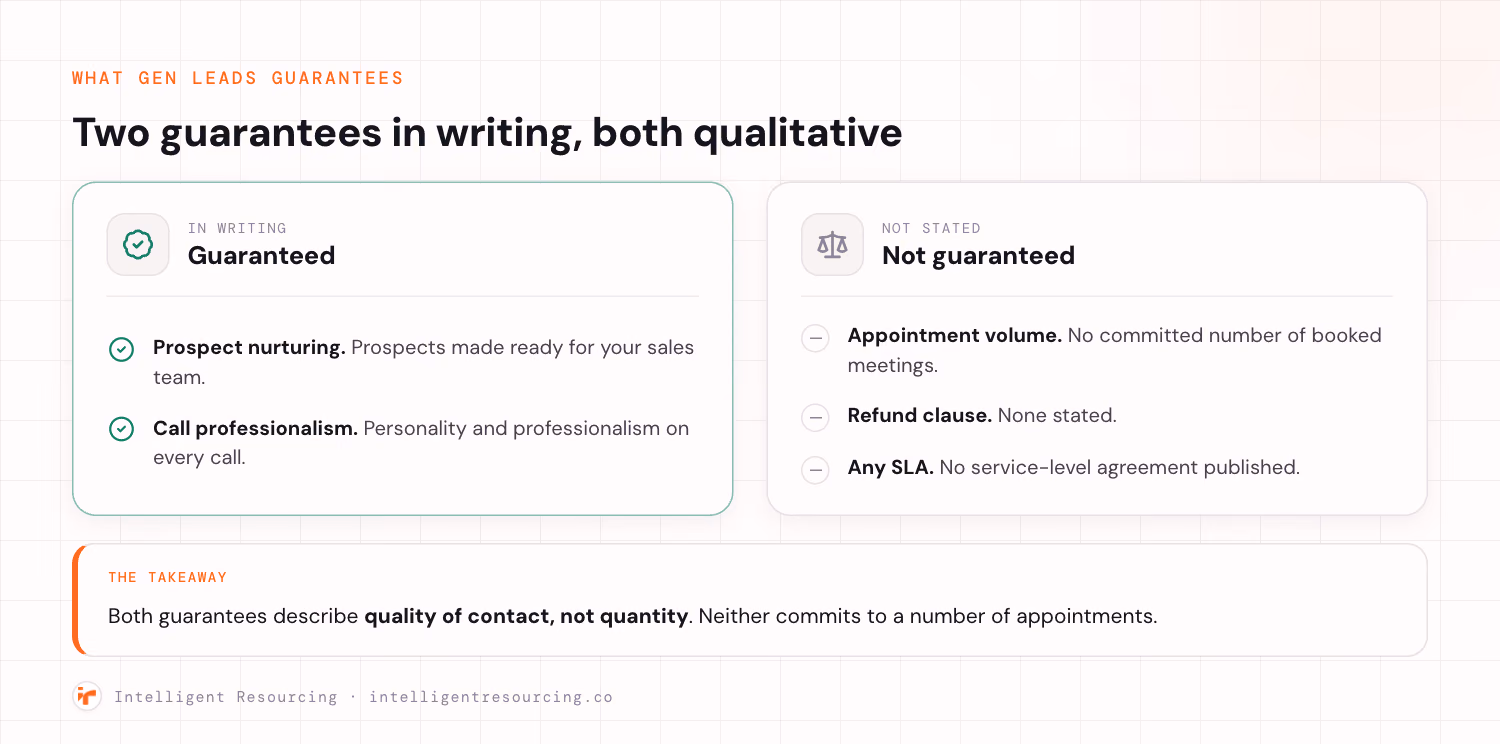 Gen Leads guarantees prospect nurturing and call professionalism, but not appointment volume, refunds or an SLA